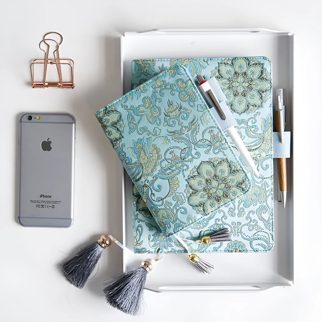 Flying blue flower fabric notebook in A5 size with 100gsm paper, cover showing floral pattern