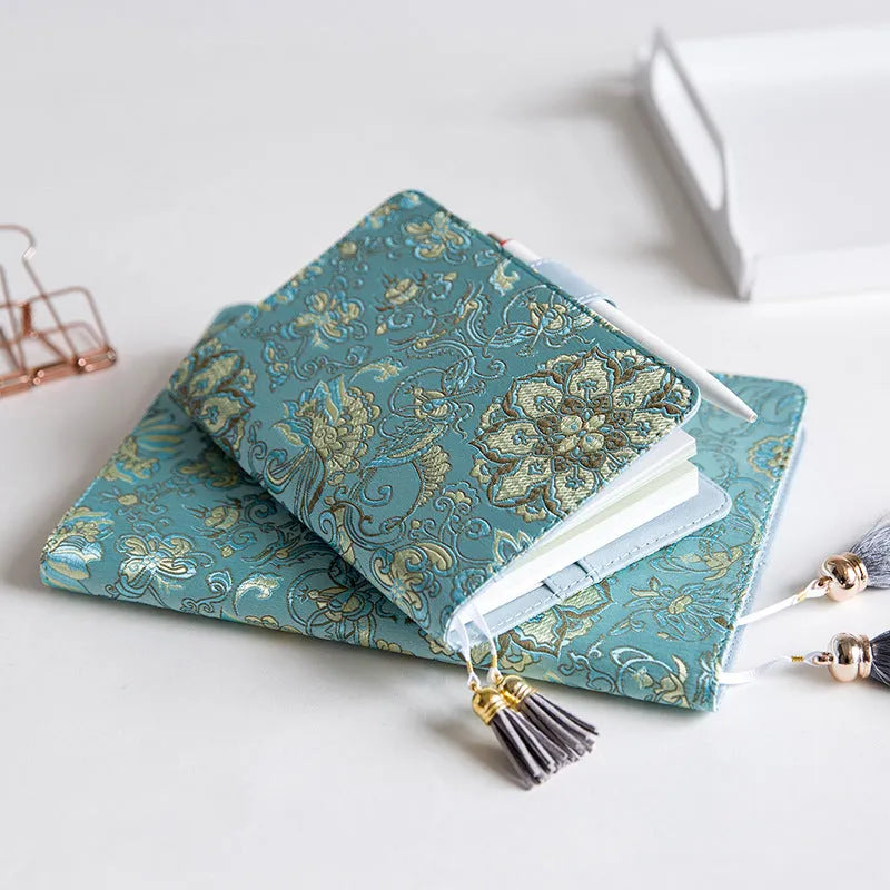 Flying blue flower fabric notebook in A5 size with 100gsm paper, cover showing floral pattern