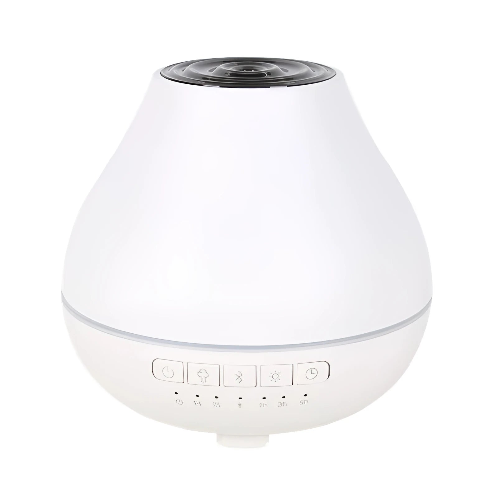 Round white Bluetooth humidifier and essential oil diffuser with night light on wooden surface