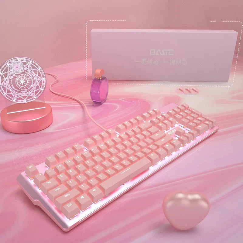 Pink mechanical keyboard and wired mouse set for gaming with USB connectivity
