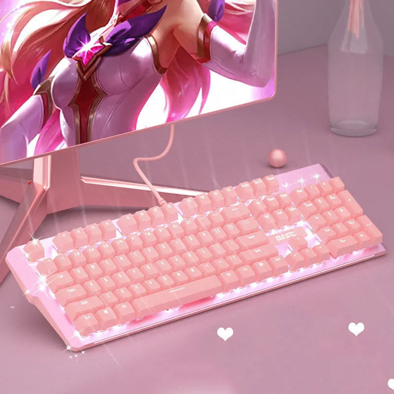 Pink mechanical keyboard and wired mouse set for gaming with USB connectivity