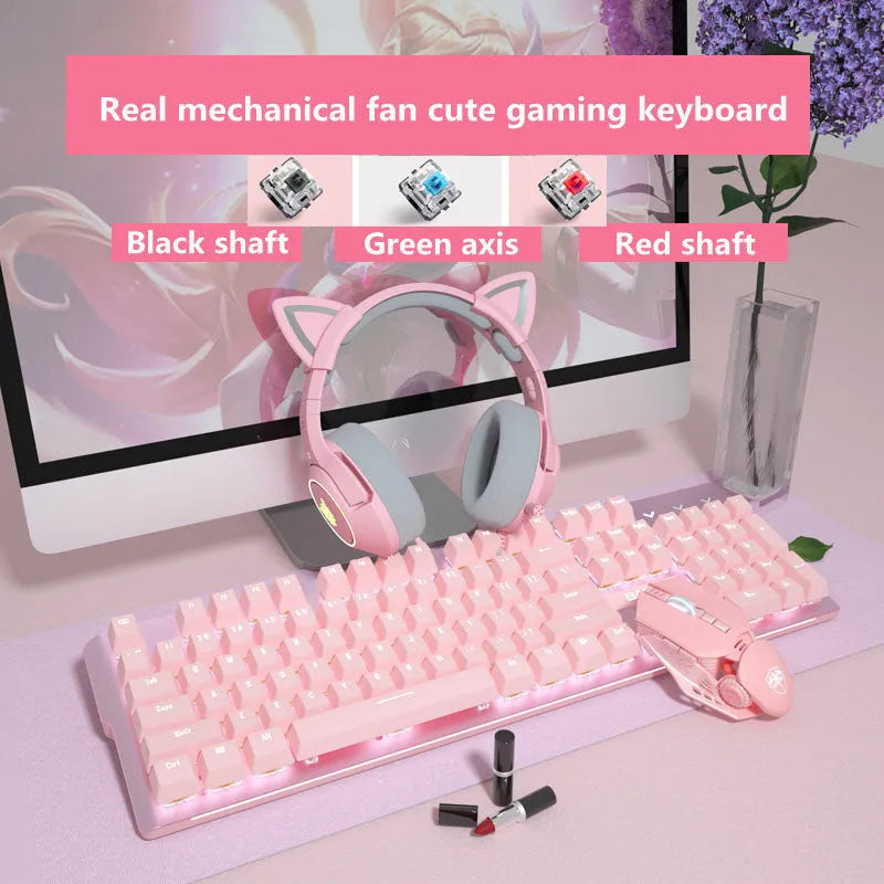Pink mechanical keyboard and wired mouse set for gaming with USB connectivity