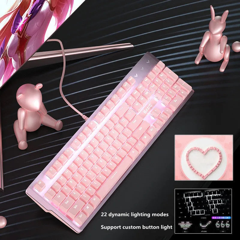 Pink mechanical keyboard and wired mouse set for gaming with USB connectivity