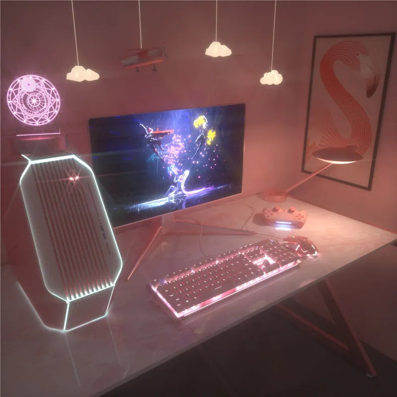 Pink mechanical keyboard and wired mouse set for gaming with USB connectivity