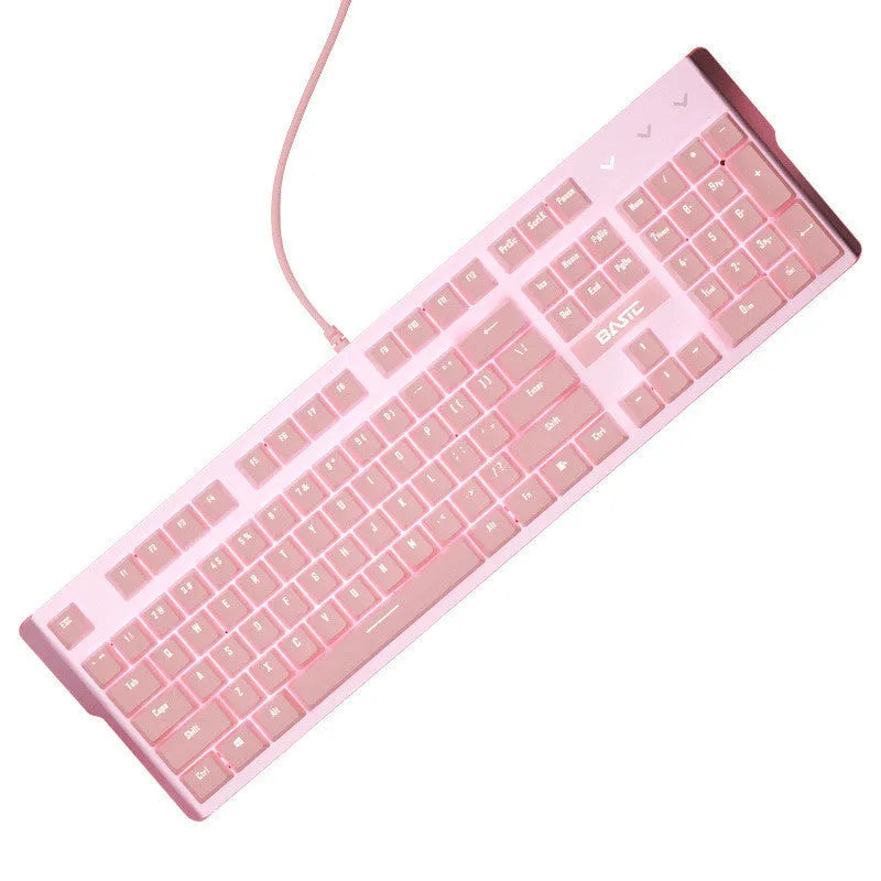 Pink mechanical keyboard and wired mouse set for gaming with USB connectivity