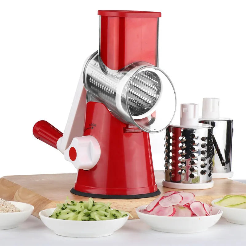 Multifunction vegetable chopper with round slicer graters and suction cup base in blue/green/red/white