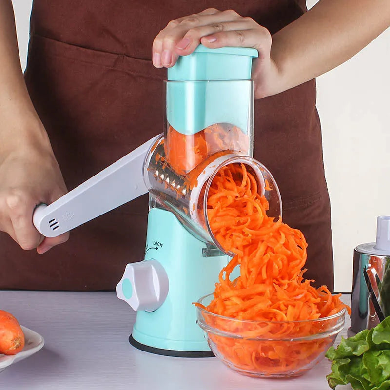 Multifunction vegetable chopper with round slicer graters and suction cup base in blue/green/red/white