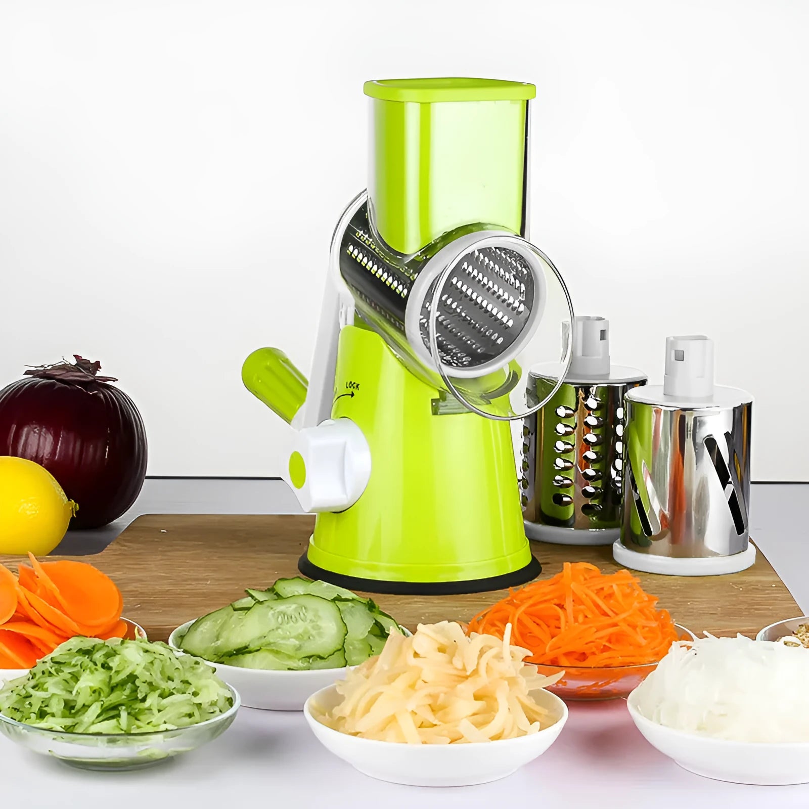 Multifunction vegetable chopper with round slicer graters and suction cup base in blue/green/red/white