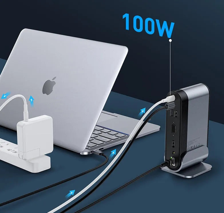 Deep space grey 16-in-1 Type-C docking station with external power supply on a desk.