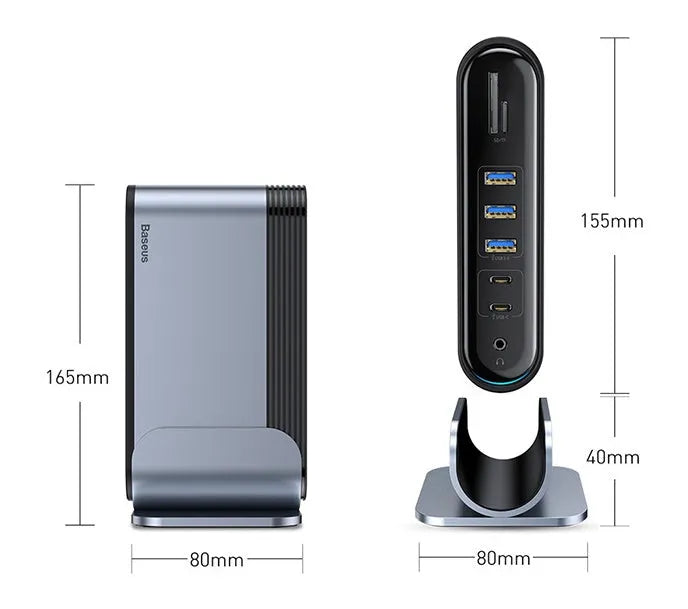 Deep space grey 16-in-1 Type-C docking station with external power supply on a desk.