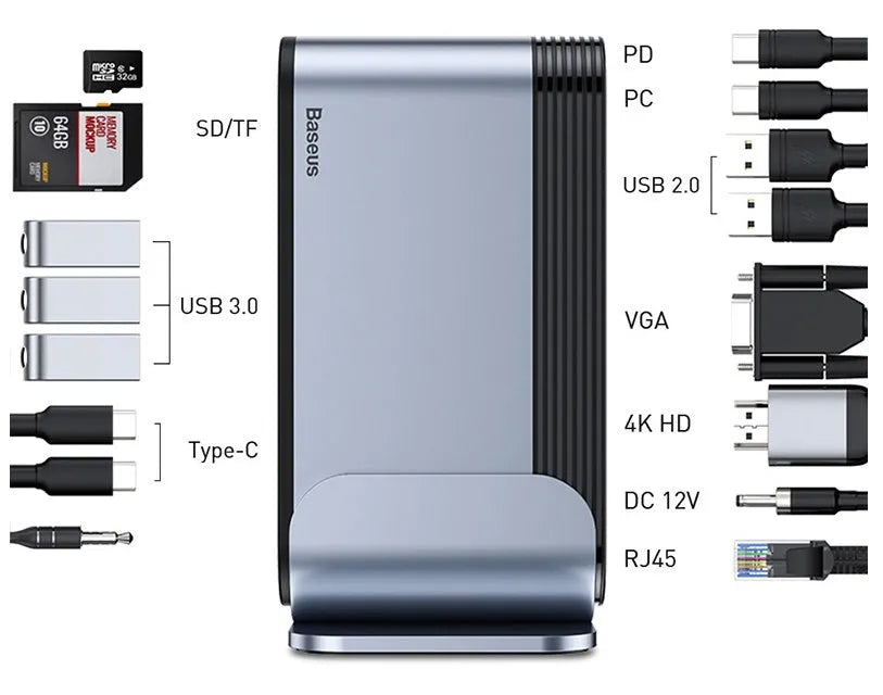 Deep space grey 16-in-1 Type-C docking station with external power supply on a desk.
