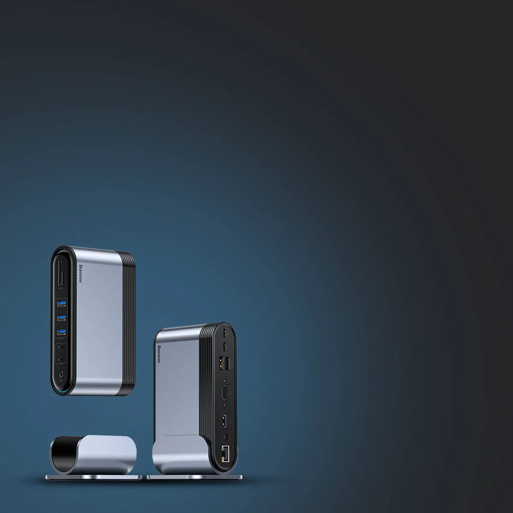 Deep space grey 16-in-1 Type-C docking station with external power supply on a desk.