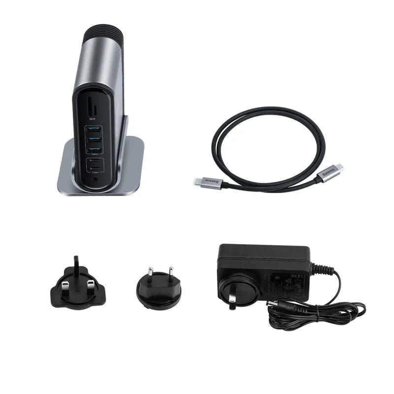 Deep space grey 16-in-1 Type-C docking station with external power supply on a desk.