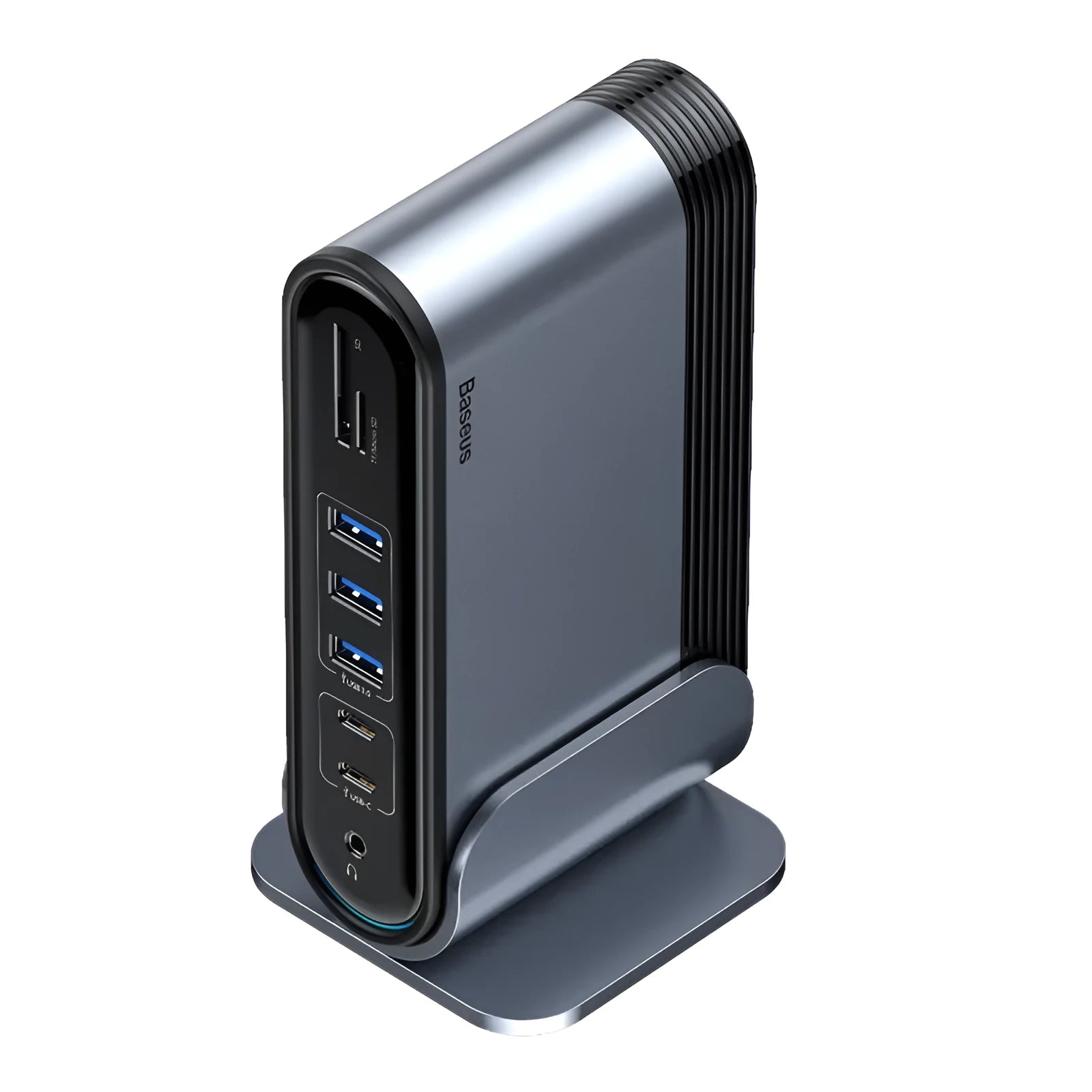 Deep space grey 16-in-1 Type-C docking station with external power supply on a desk.
