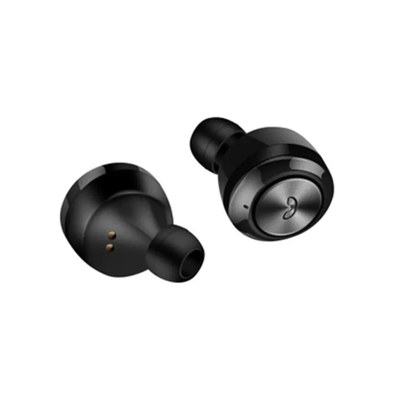 Black and white A6 TWS Bluetooth headsets with earplug design showing left and right earpieces
