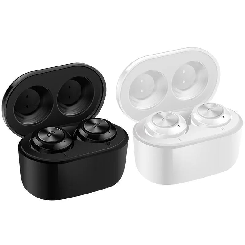 Black and white A6 TWS Bluetooth headsets with earplug design showing left and right earpieces
