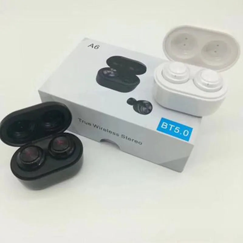 Black and white A6 TWS Bluetooth headsets with earplug design showing left and right earpieces