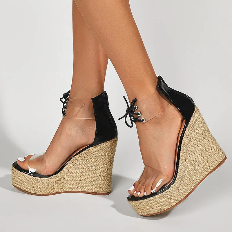 Black women's hemp rope wedge sandals with front tie closure and high wedge heel