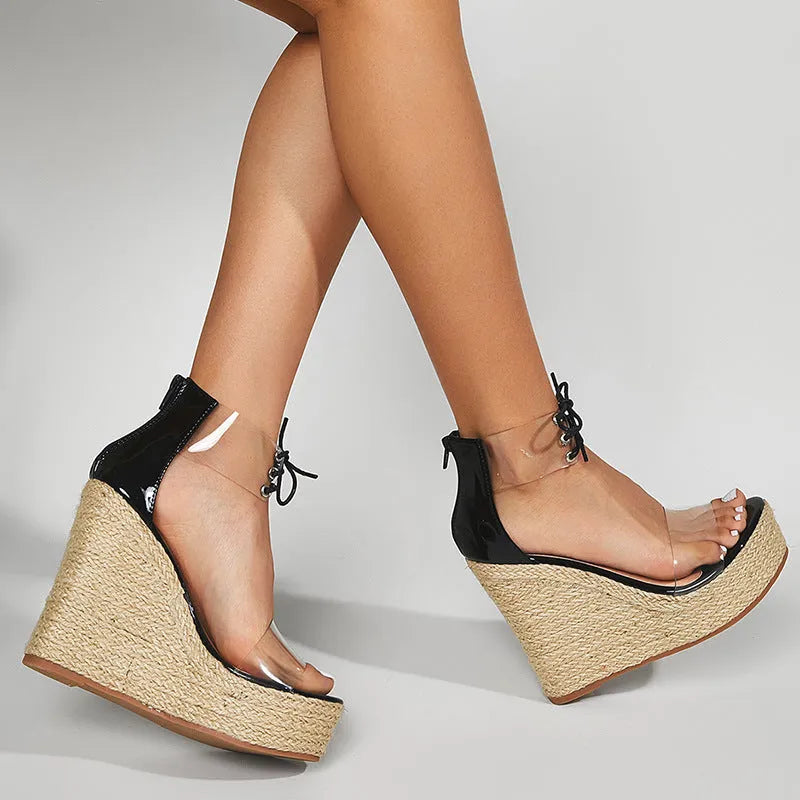 Black women's hemp rope wedge sandals with front tie closure and high wedge heel