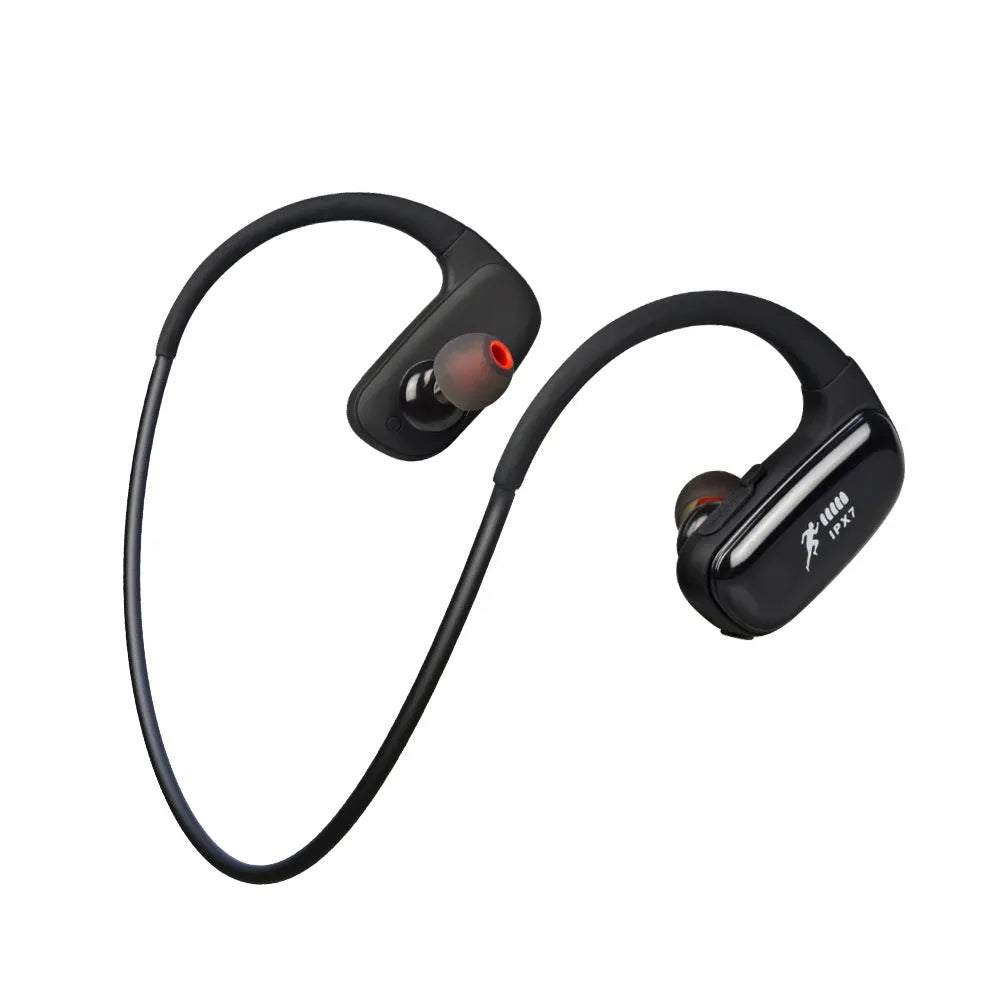 Wireless Bluetooth headset with bilateral earbuds, hanging ear design, 10m range, in black