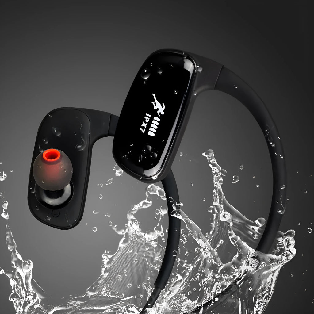 Wireless Bluetooth headset with bilateral earbuds, hanging ear design, 10m range, in black