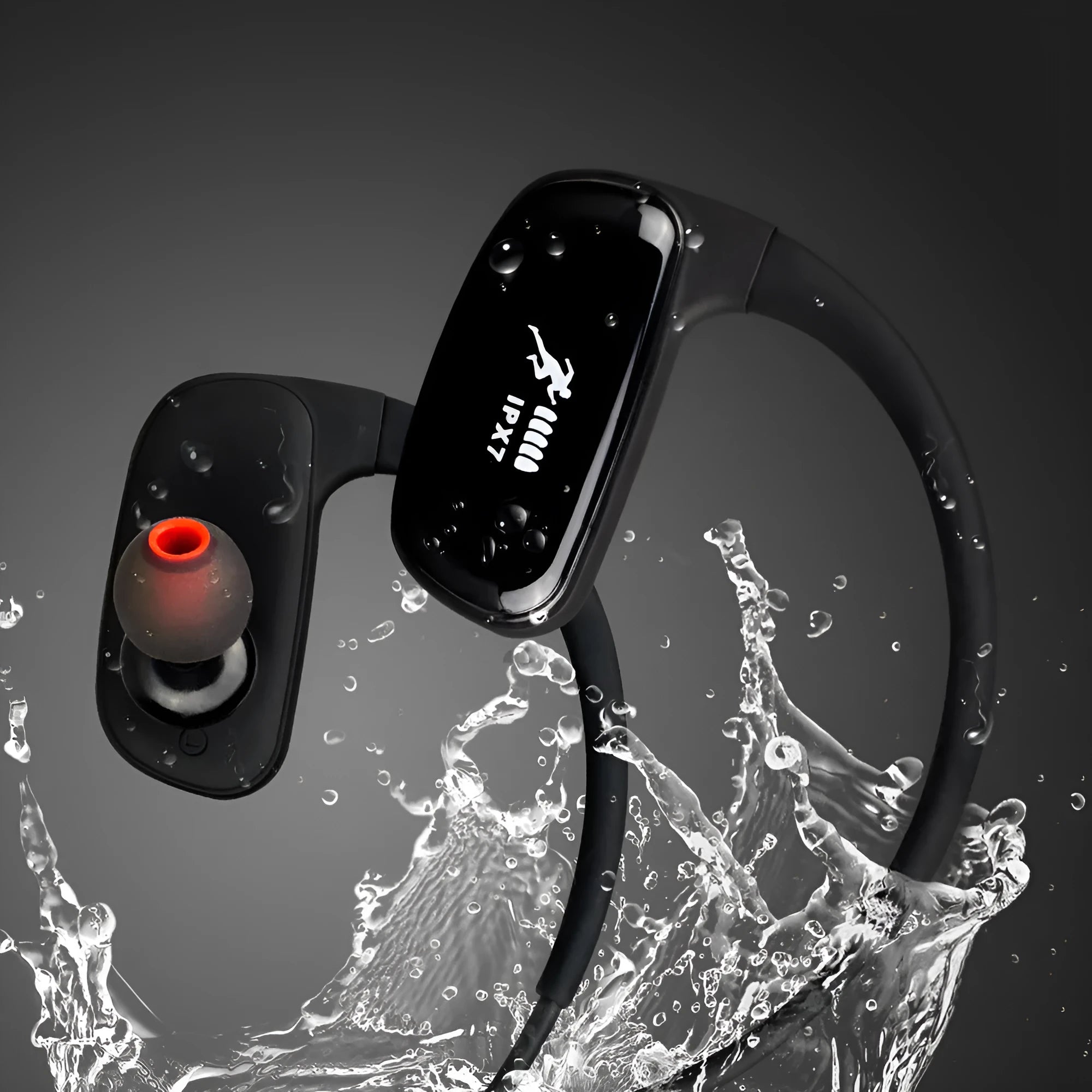 Wireless Bluetooth headset with bilateral earbuds, hanging ear design, 10m range, in black