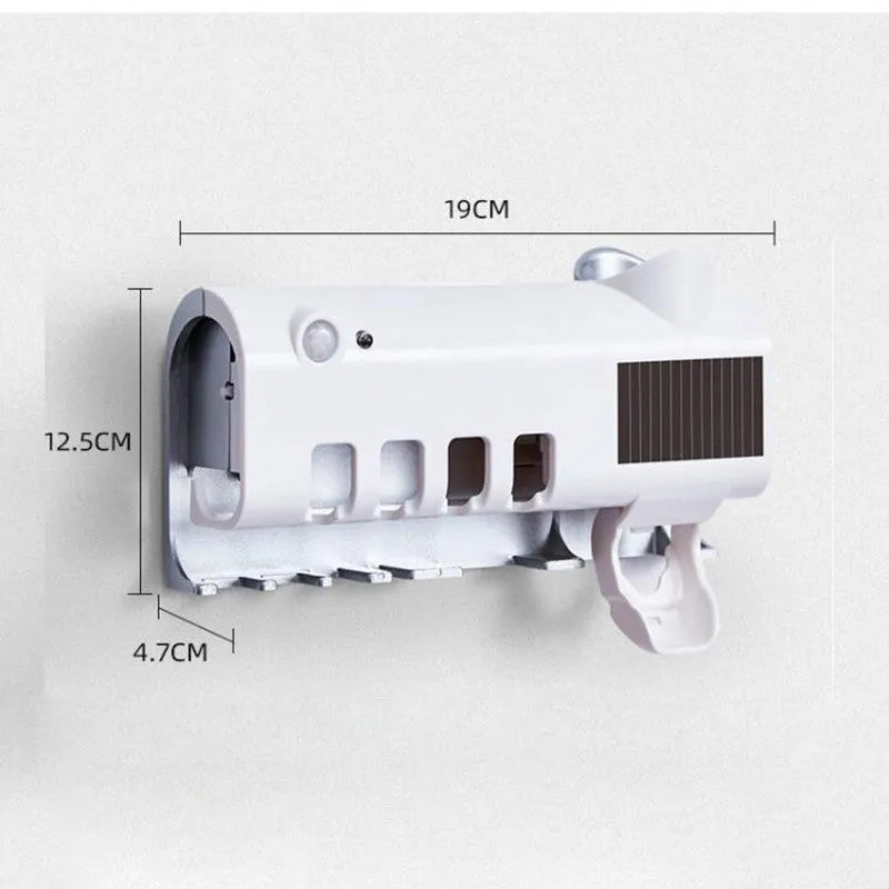 Smart UV toothbrush steriliser with automatic toothpaste dispenser wall mounted in bathroom
