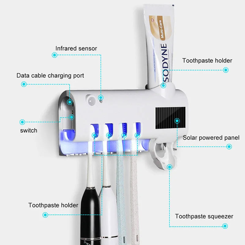 Smart UV toothbrush steriliser with automatic toothpaste dispenser wall mounted in bathroom