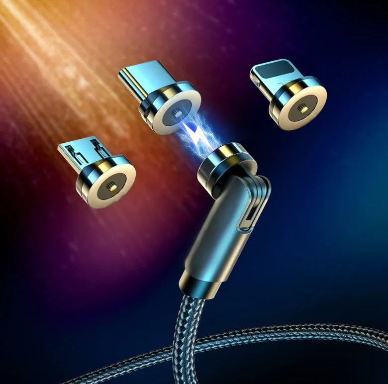 Essager black magnetic USB charging cable with rotating head and blue LED light on a white background.