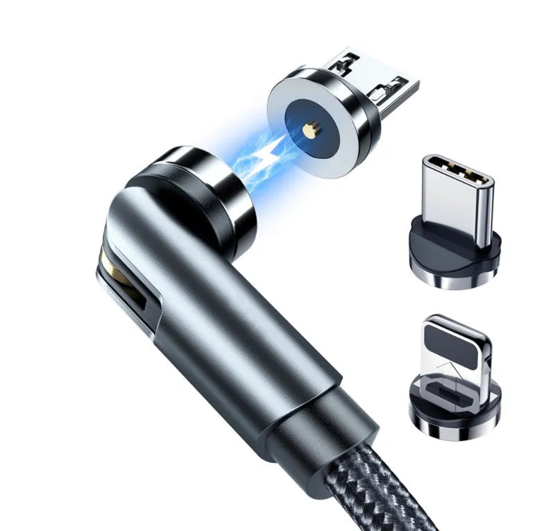 Essager black magnetic USB charging cable with rotating head and blue LED light on a white background.