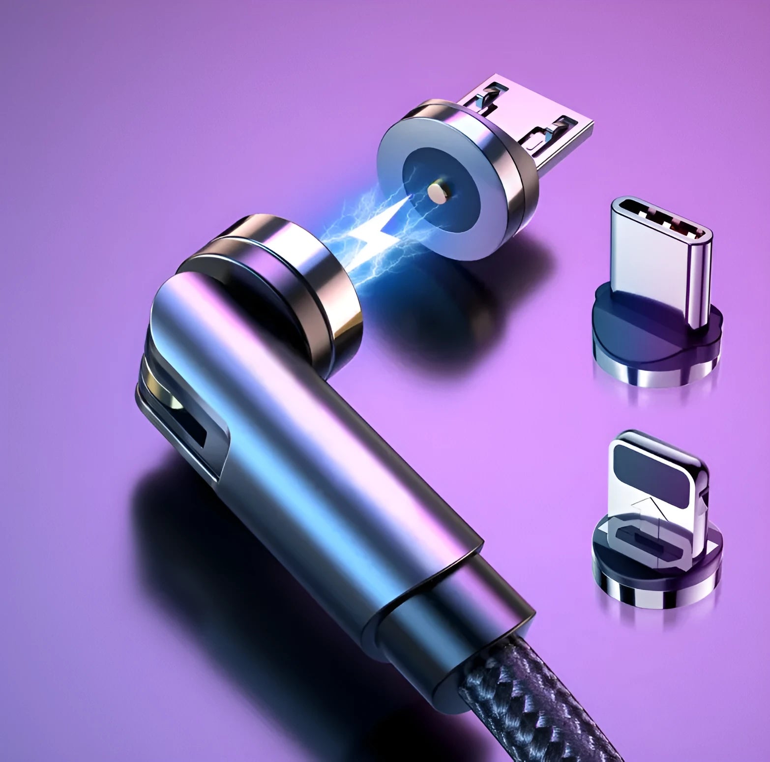 Essager black magnetic USB charging cable with rotating head and blue LED light on a white background.
