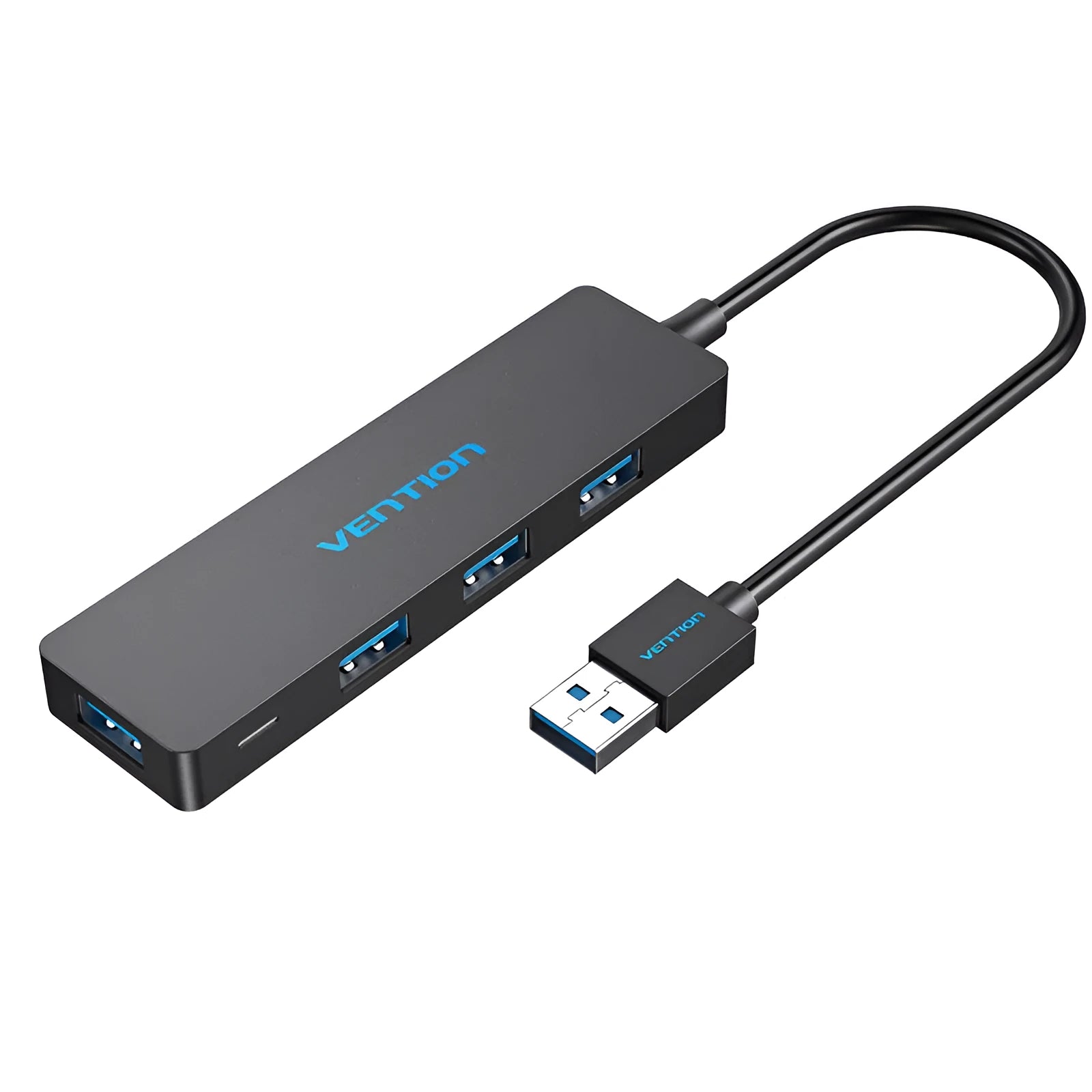 Black four-port USB 3.0 hub with a short integrated cable on a desk