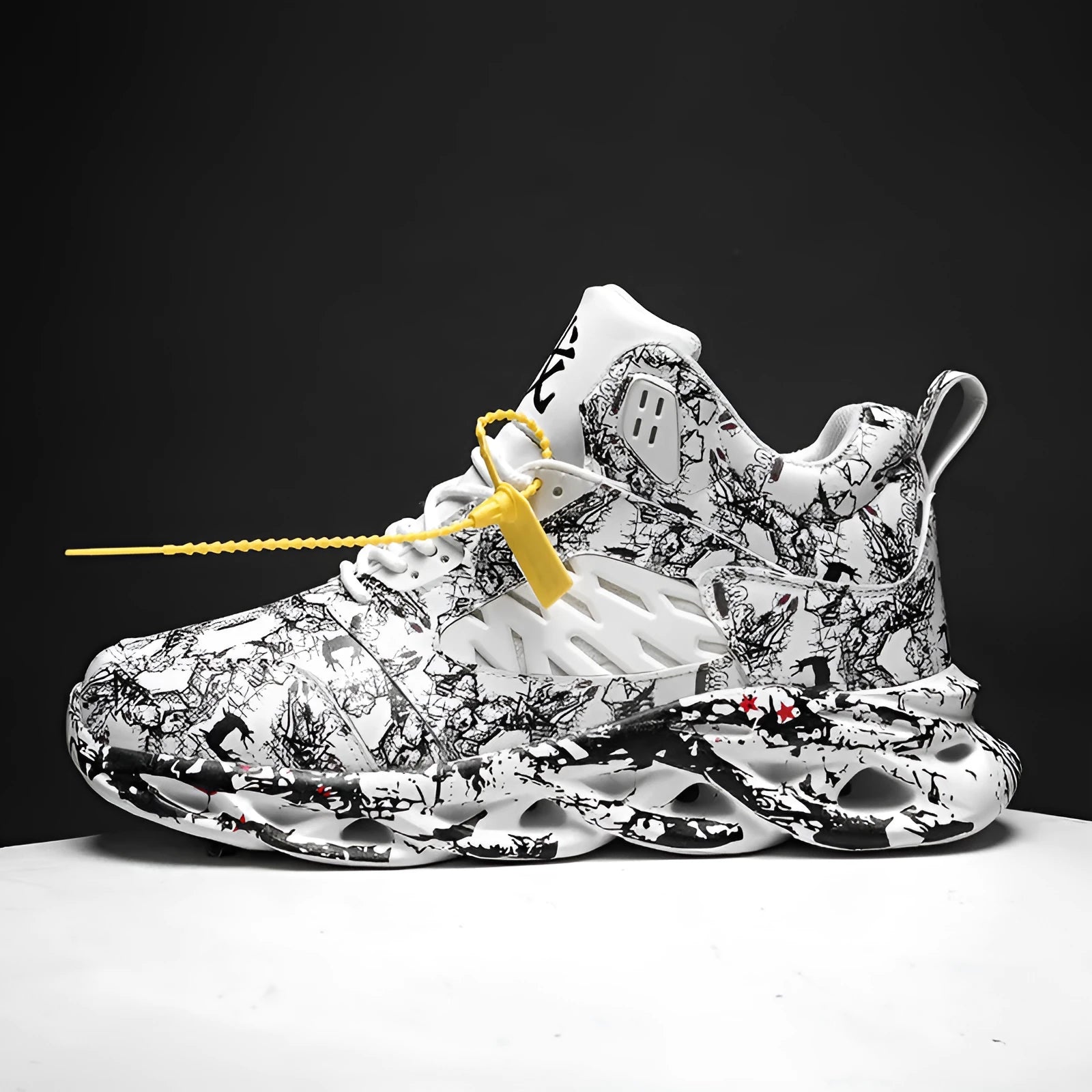 Men's high-top camouflage basketball shoes in multiple colours on a rubber sole.