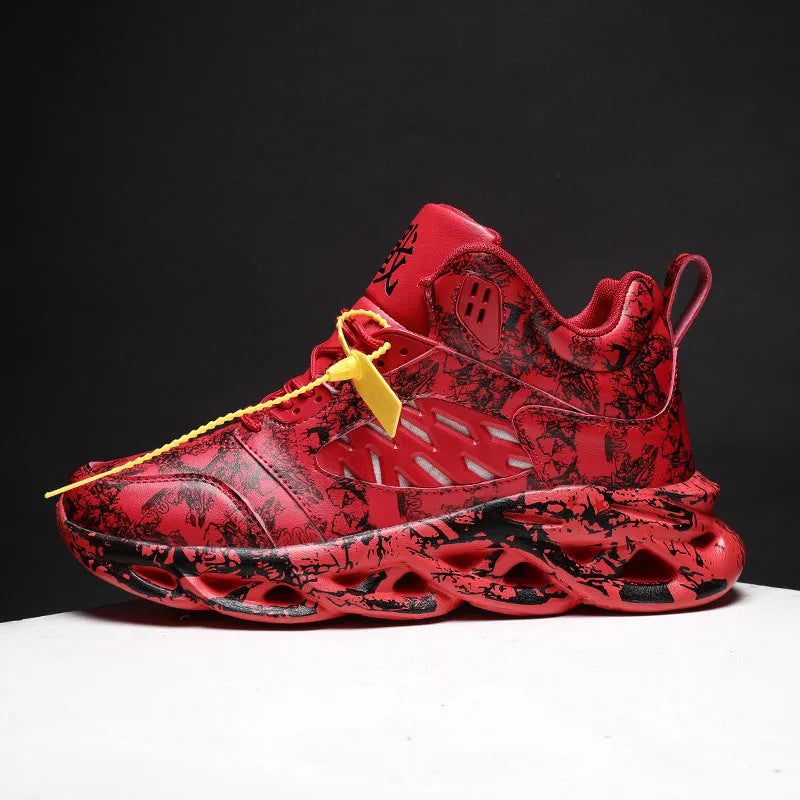 Men's high-top camouflage basketball shoes in multiple colours on a rubber sole.