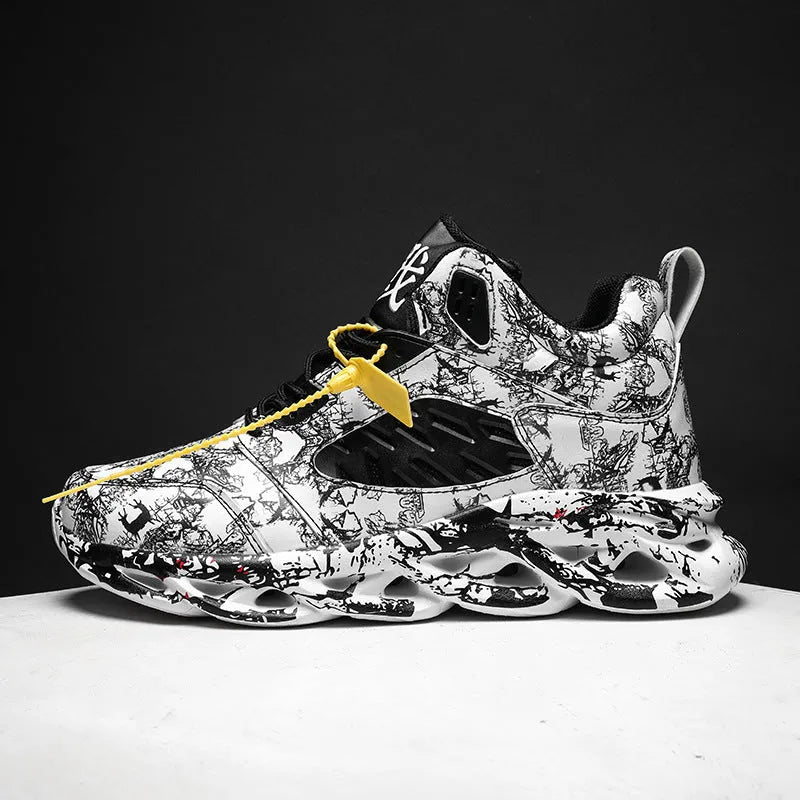 Men's high-top camouflage basketball shoes in multiple colours on a rubber sole.