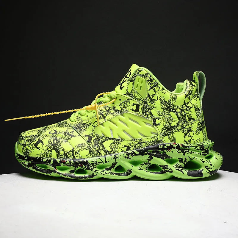 Men's high-top camouflage basketball shoes in multiple colours on a rubber sole.