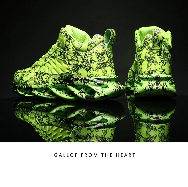 Men's high-top camouflage basketball shoes in multiple colours on a rubber sole.