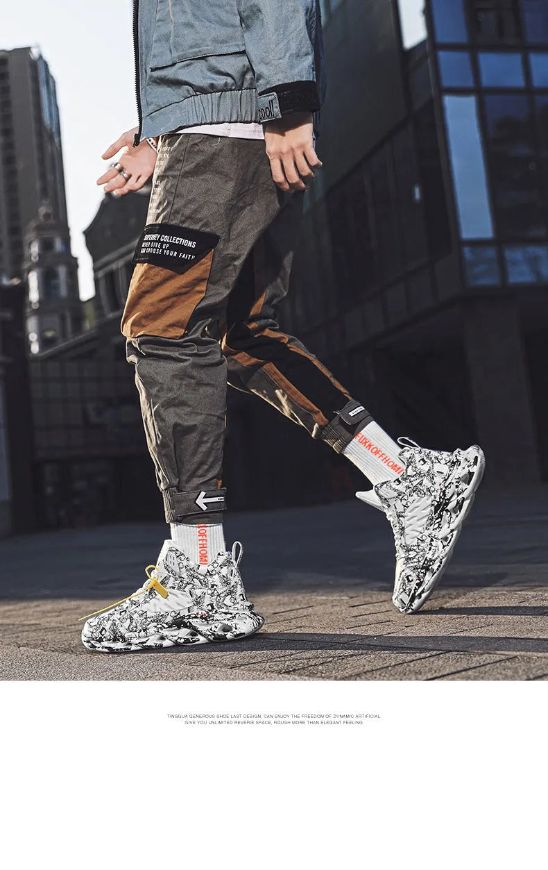 Men's high-top camouflage basketball shoes in multiple colours on a rubber sole.