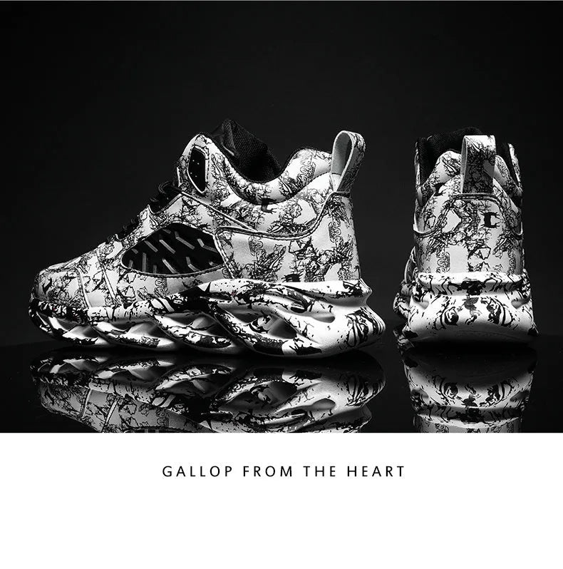 Men's high-top camouflage basketball shoes in multiple colours on a rubber sole.