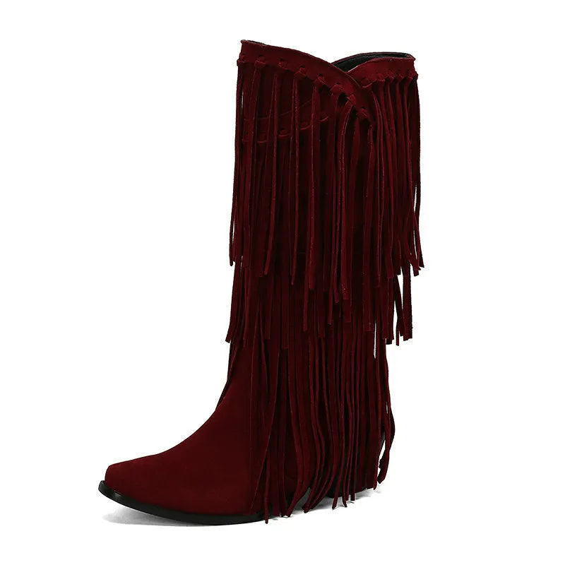 Women's suede high boots with chunky heel and tassel detail in multiple colours