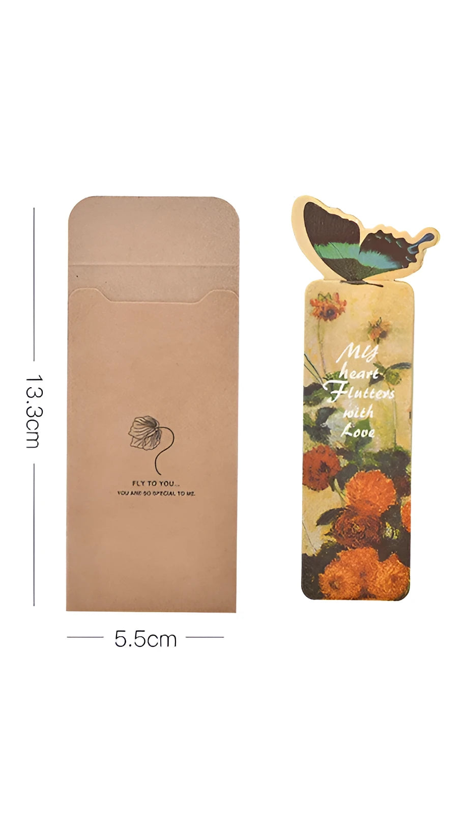 A single butterfly design paper bookmark with dimensions 13.5 cm by 5.5 cm.