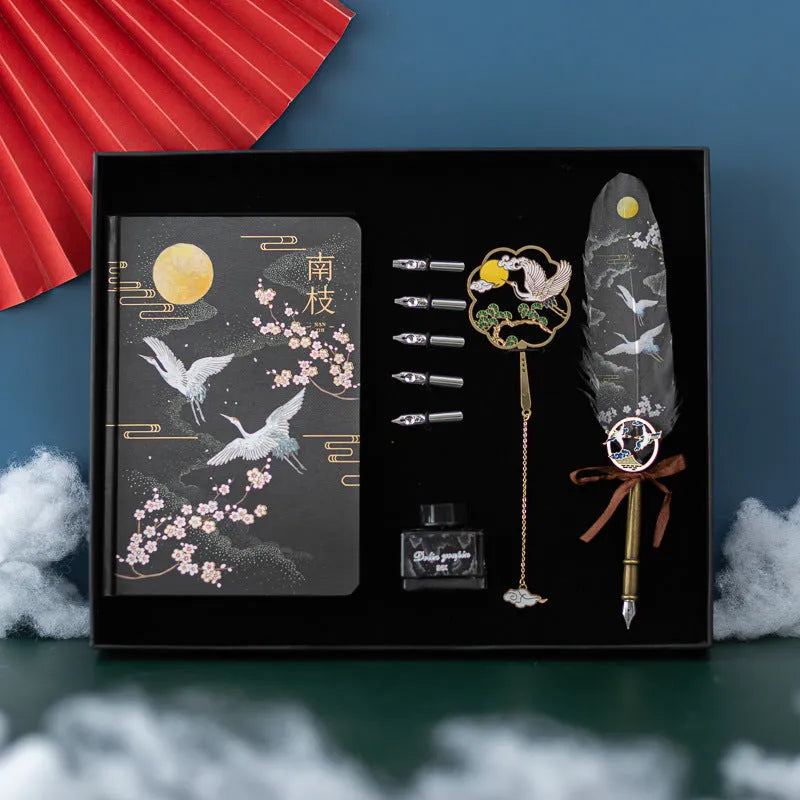 Chinese style metal feather pen and notebook set in traditional colour options.