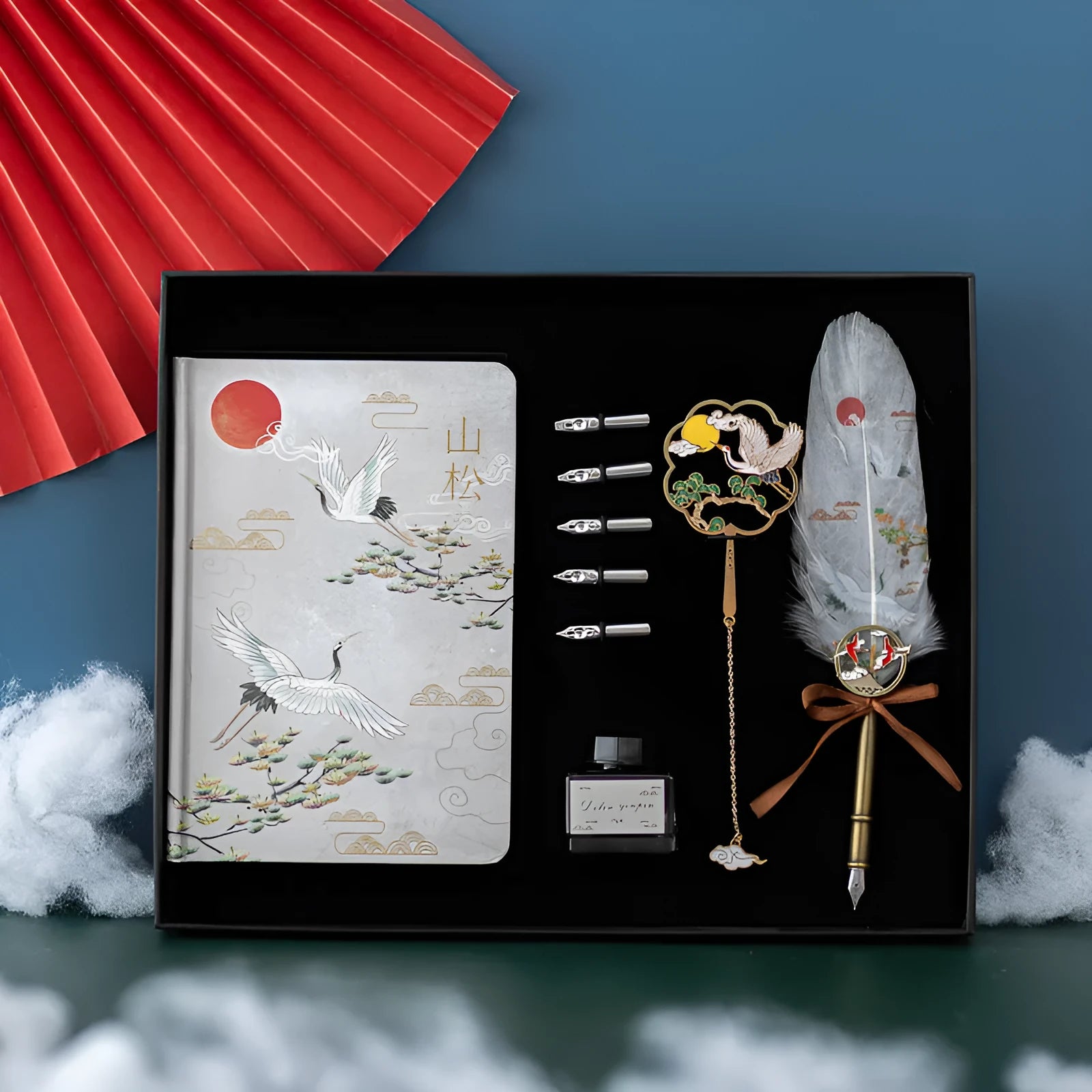 Chinese style metal feather pen and notebook set in traditional colour options.