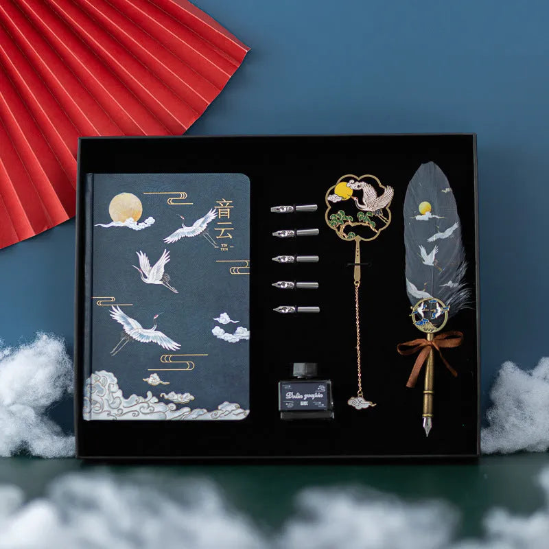 Chinese style metal feather pen and notebook set in traditional colour options.