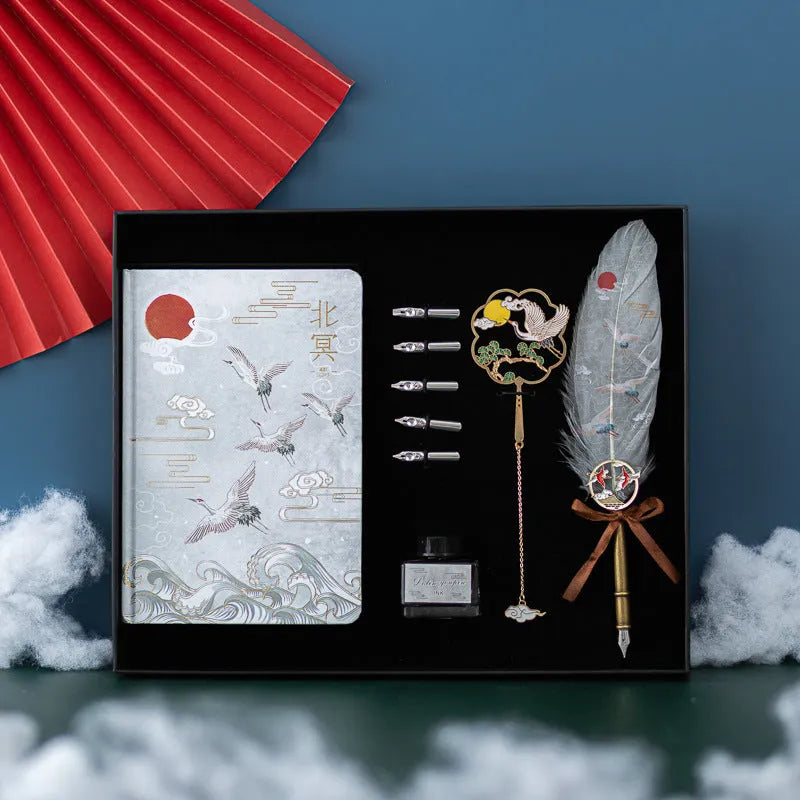 Chinese style metal feather pen and notebook set in traditional colour options.