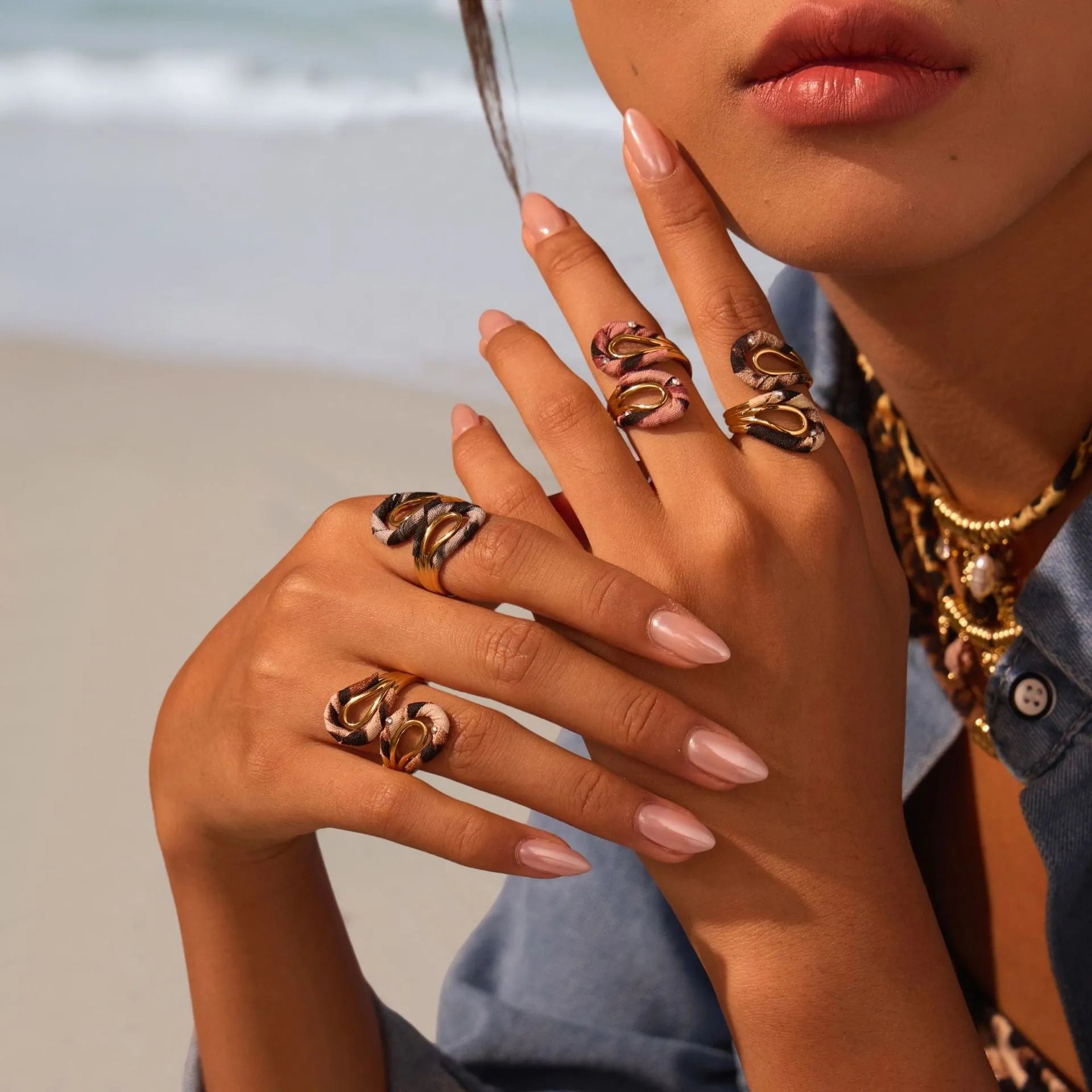 Open mouth ring with geometry heart star shapes and leopard print pattern in electroplated stainless steel