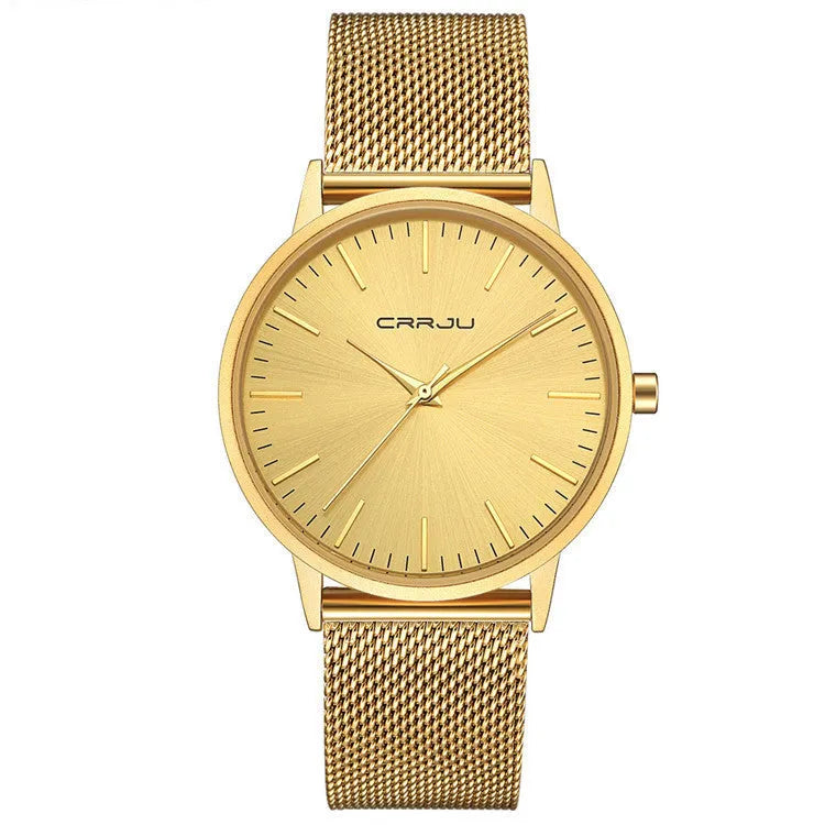 Casual quartz wristwatch with alloy case, plexiglass lens, and mesh strap in black finish