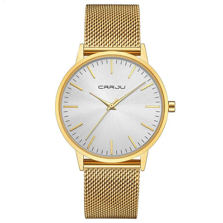 Casual quartz wristwatch with alloy case, plexiglass lens, and mesh strap in black finish