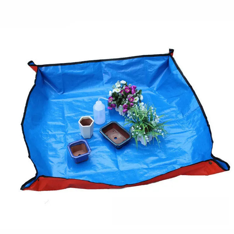 Succulent gardening tools set with tweezers, mini rake, spray bottle and blue orange seedling cloth on white background