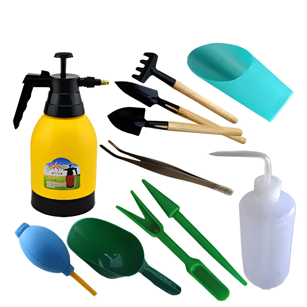 Succulent gardening tools set with tweezers, mini rake, spray bottle and blue orange seedling cloth on white background